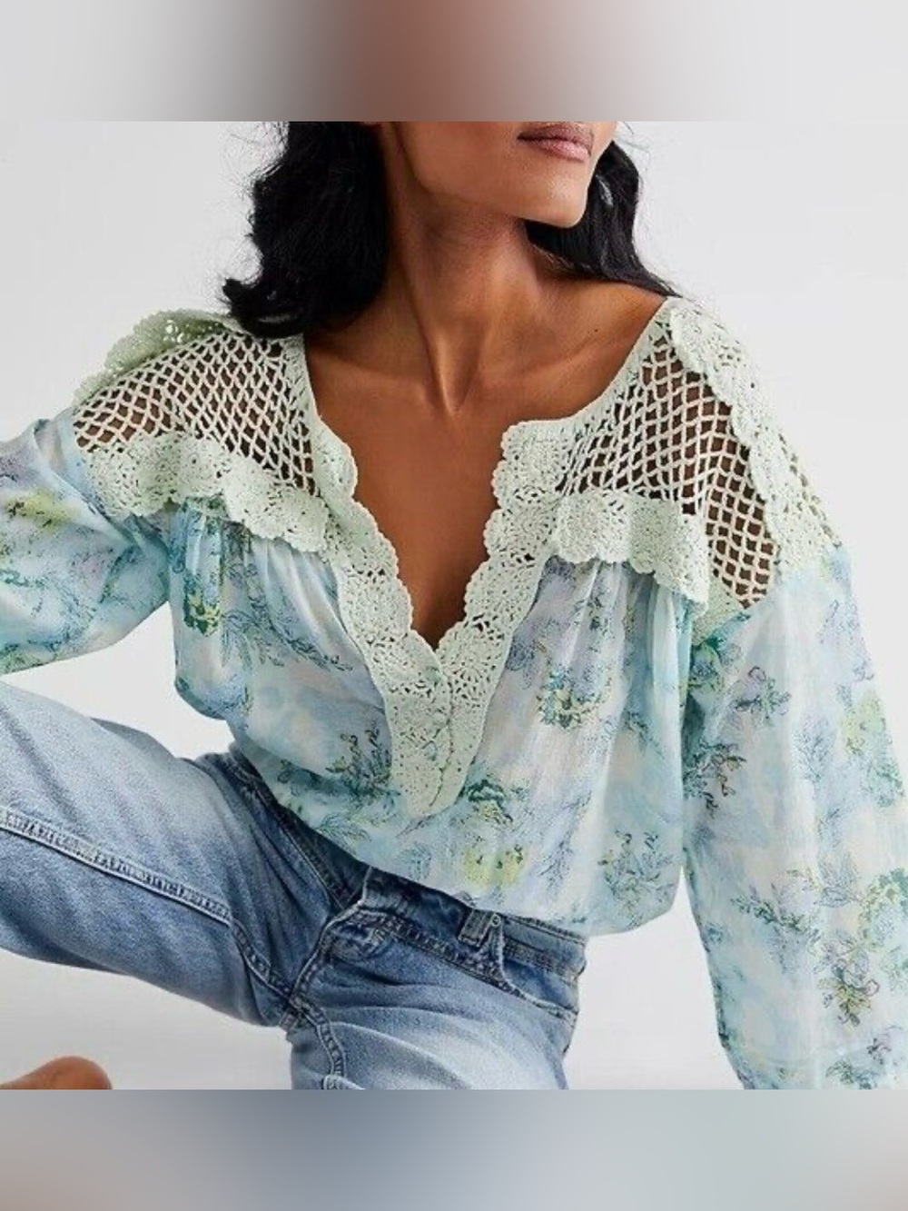 Boho Floral Crochet Trim Peasant Bodysuit